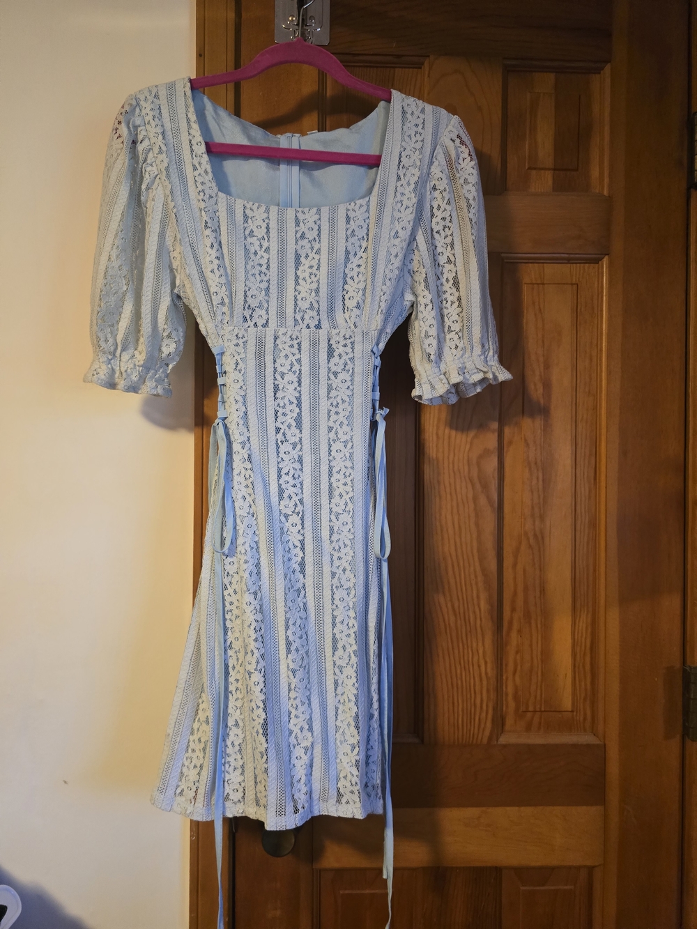 Light Blue Lace Midi Dress with Puff Sleeves
